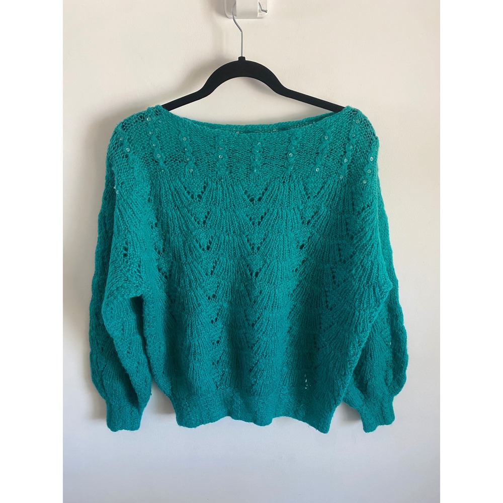 Handmade Teal Green Pointelle Knit Sequin Boat Neck Balloon Sleeve Sweater L